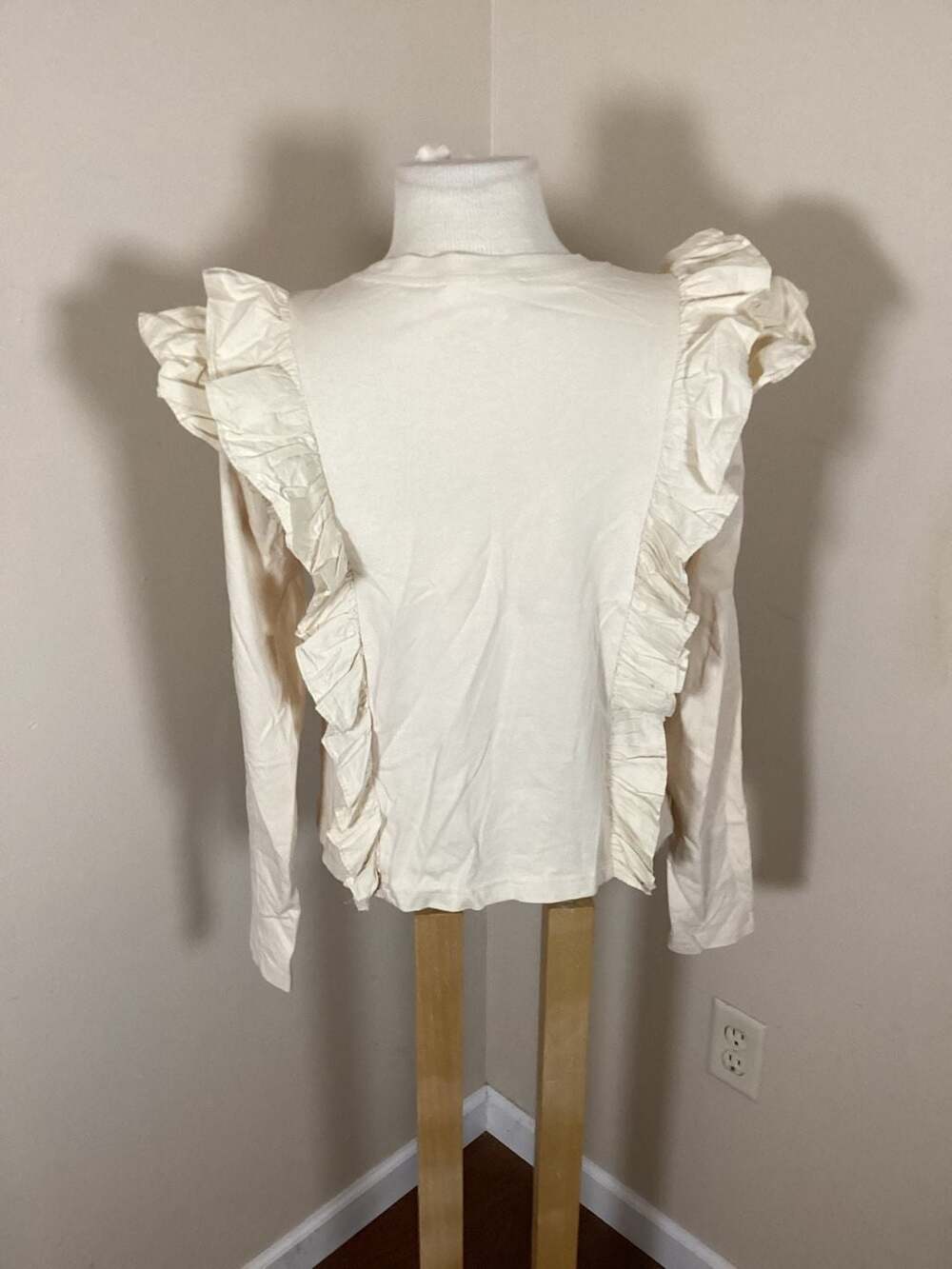 Anthropologie Cream Ruffled Long-Sleeve Tee, Size S